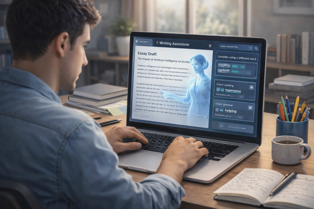 Student using writing assistance software