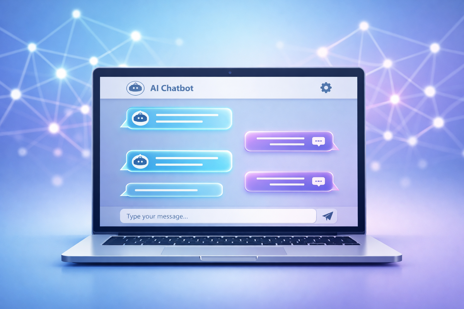 A modern illustration of an AI chatbot interface on a laptop screen, glowing chat bubbles, abstract neural network background, clean and professional tech style, minimal design, soft blue and purple tones