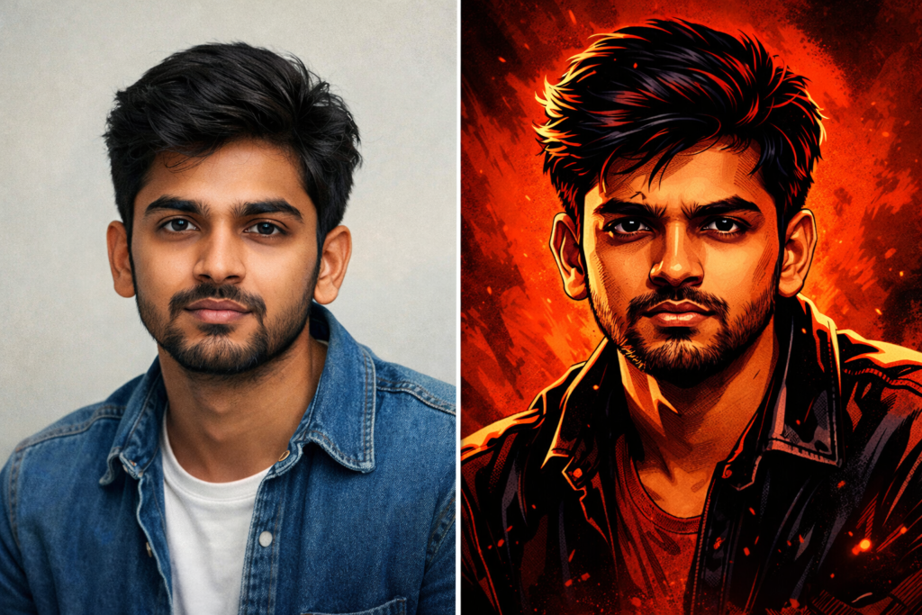 Before and after AI art transformation from portrait photo to cinematic comic-book poster
