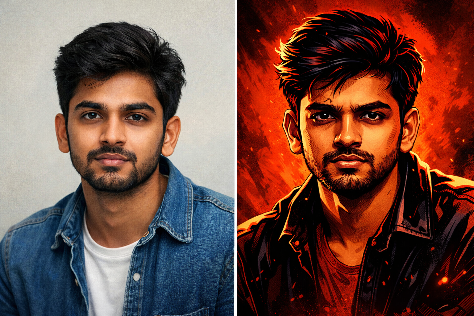 Before and after AI art transformation from portrait photo to cinematic comic-book poster