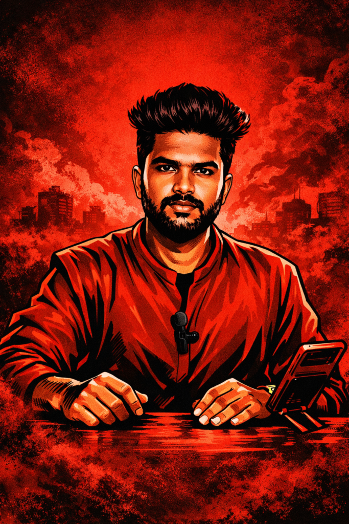 Tamil gangster movie poster style AI illustration of a young man with deep red background and comic-book shading