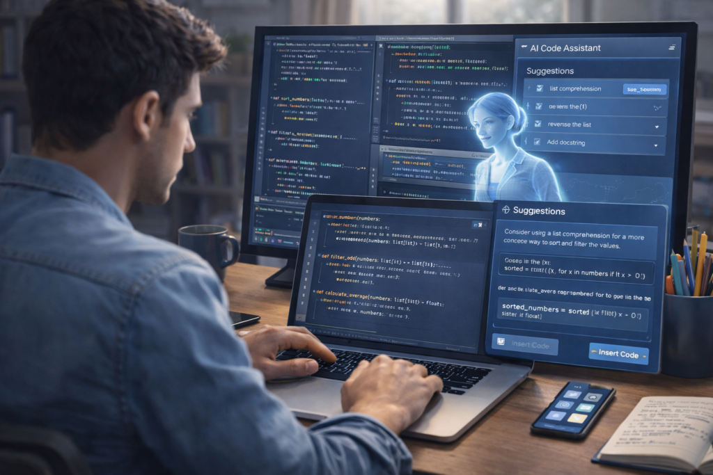 Person coding with AI assistance displayed.