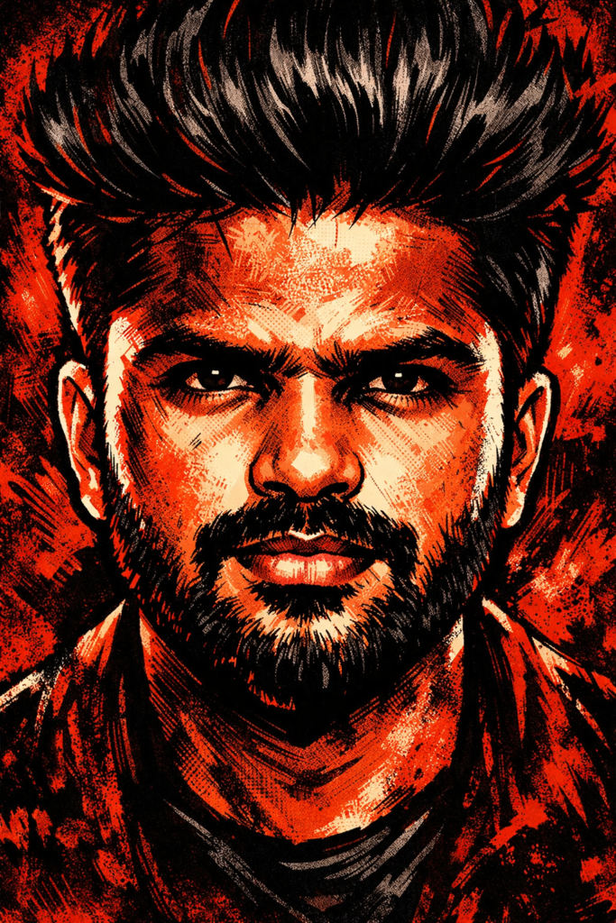 Gritty high-contrast comic book style close-up AI portrait with dramatic red tones and noir shadows