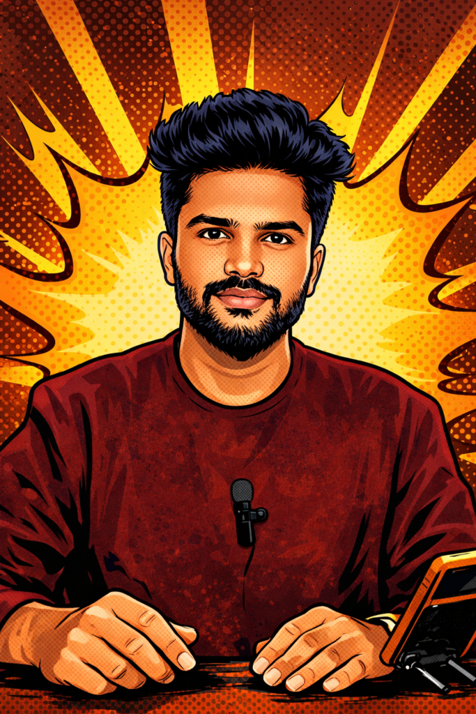 Pop-art comic book style AI portrait with bold outlines halftone texture and dramatic illustrated background