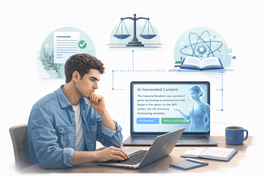 Student studying AI-generated content ethics.