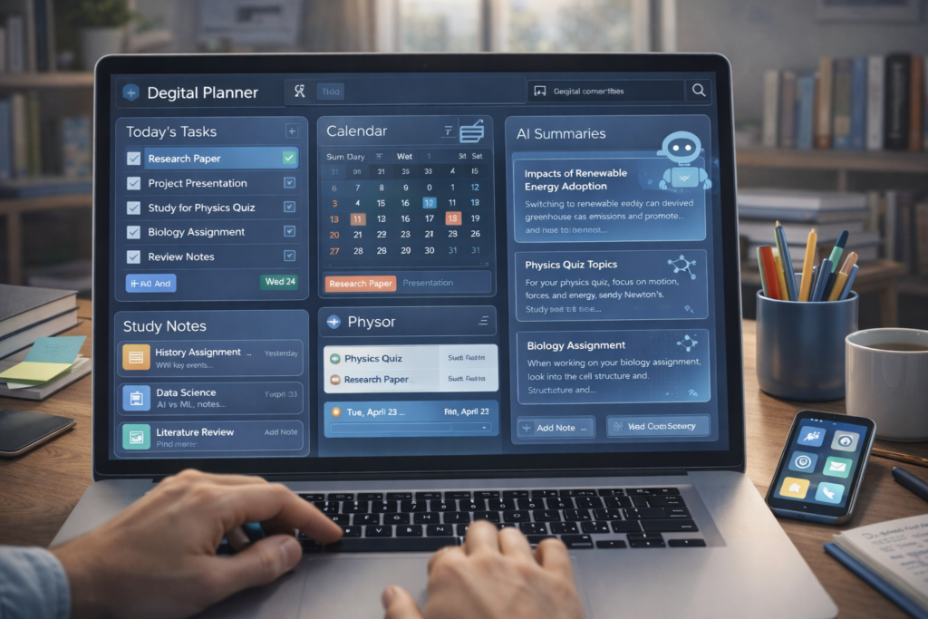 Digital planner on laptop with tasks