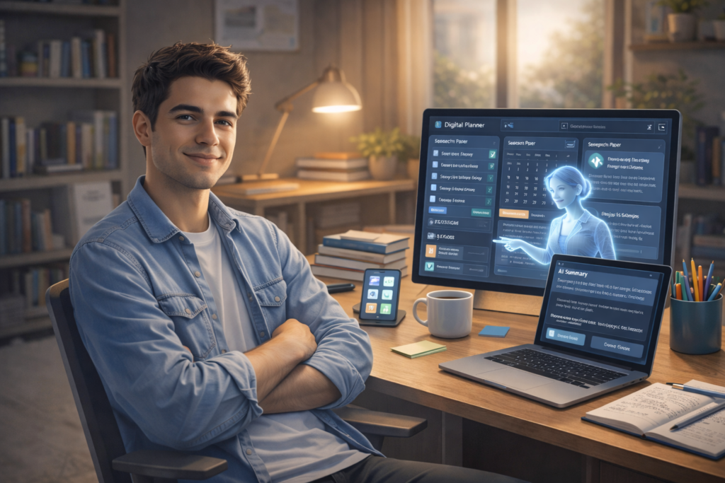 Person studying with digital tools.