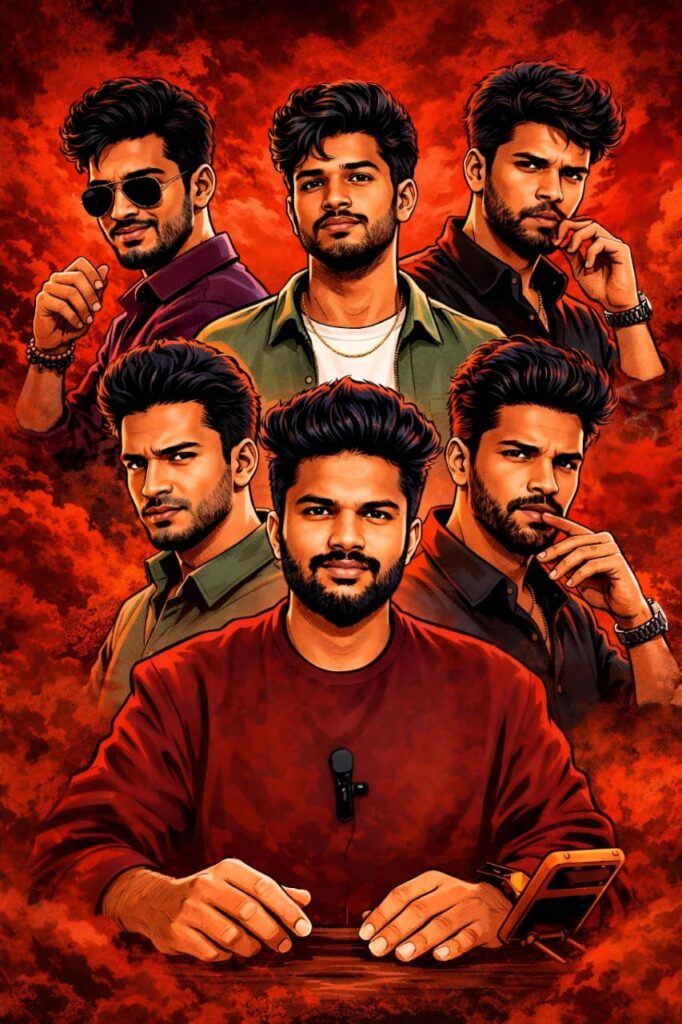 Comic-book style group illustration of five men with cinematic red smoky background and bold character styling