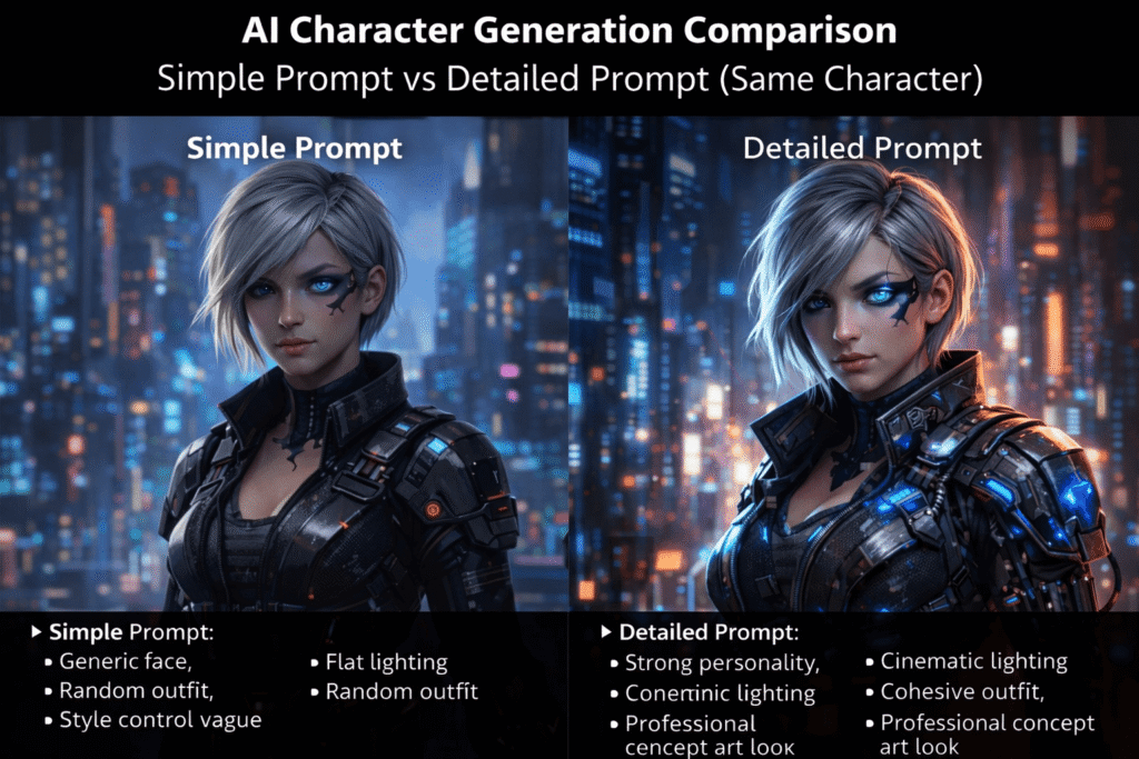 AI character generation comparison, simple prompt vs detailed prompt,