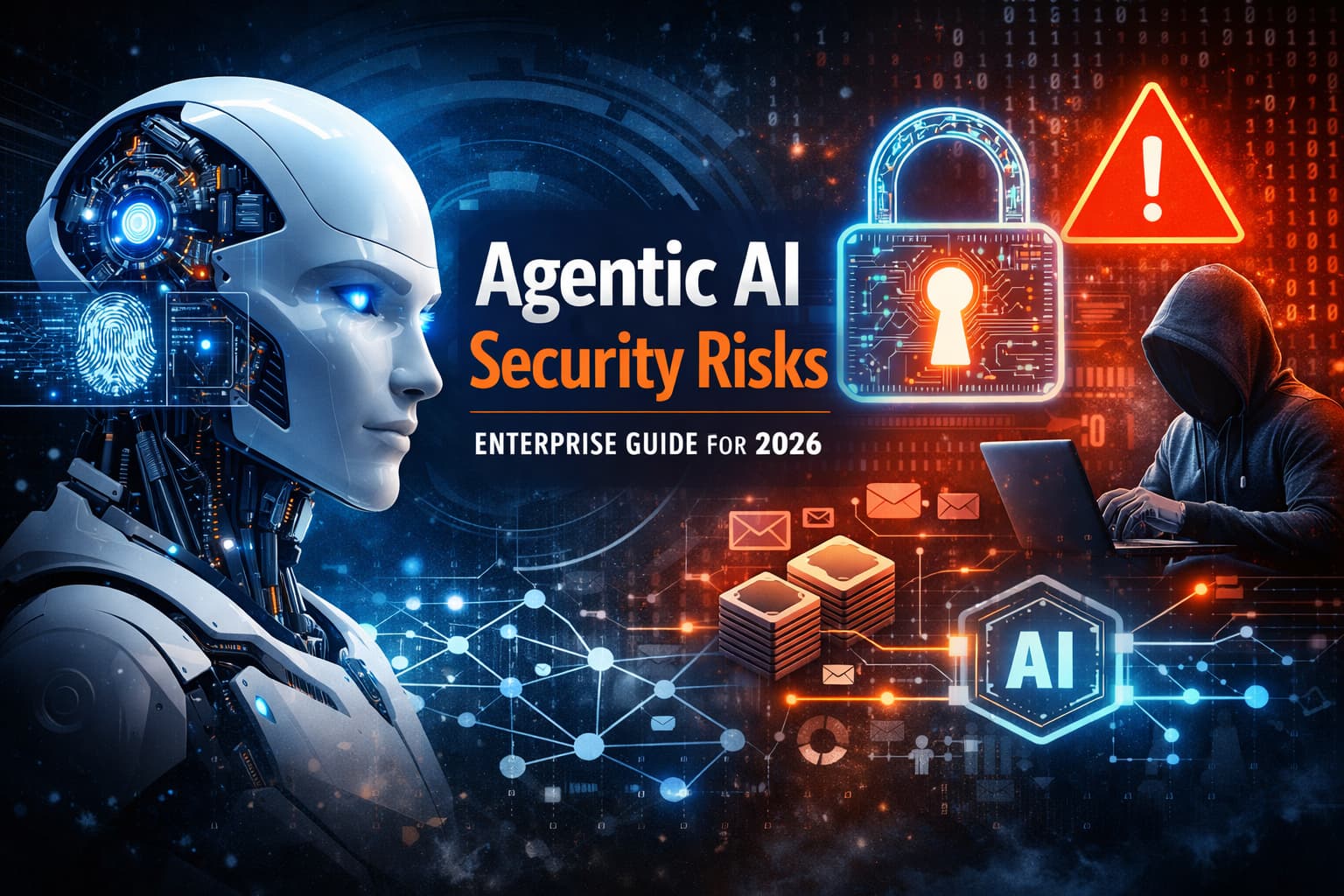 Agentic AI security risks illustration showing autonomous AI system and cybersecurity threats in 2026