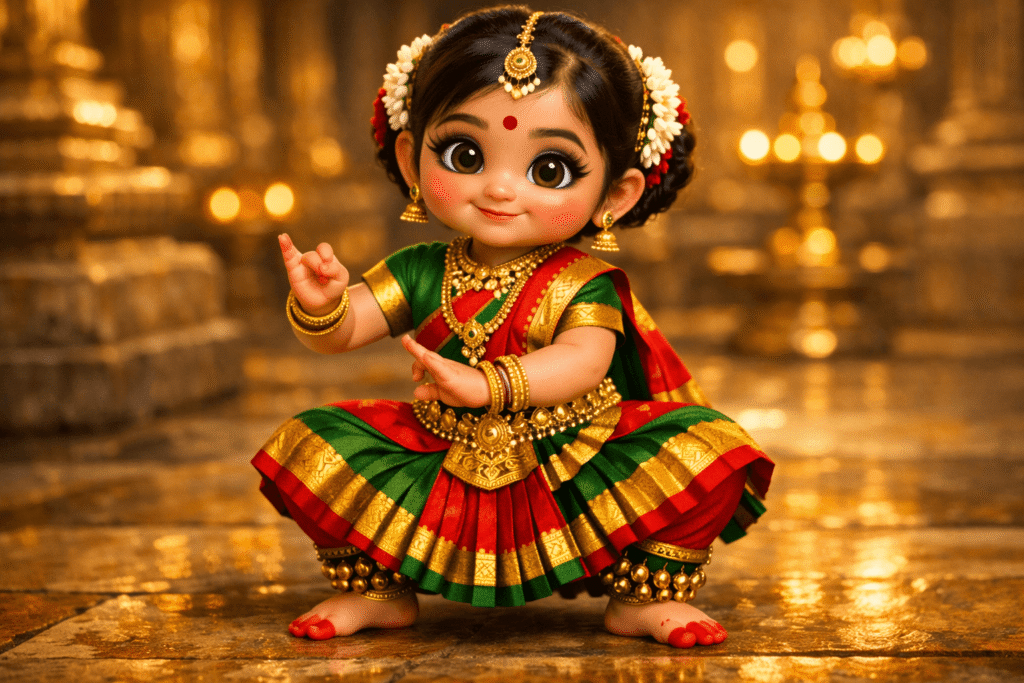 Pixar-style Indian baby girl in Bharatanatyam costume performing araimandi