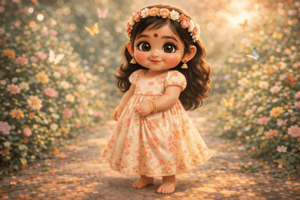 Pixar-style Indian baby girl in floral dress in a dreamy garden.