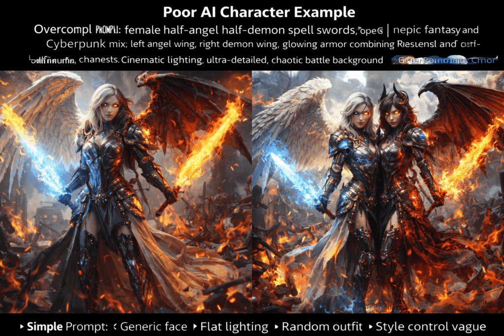 Poor AI character image result, flat lighting, messy composition, over complicated prompt example