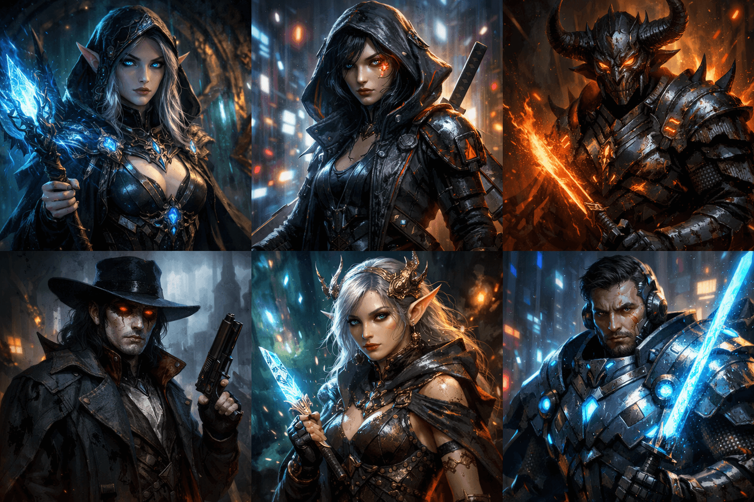 AI image character prompts, cinematic lighting, fantasy and cyberpunk mix,