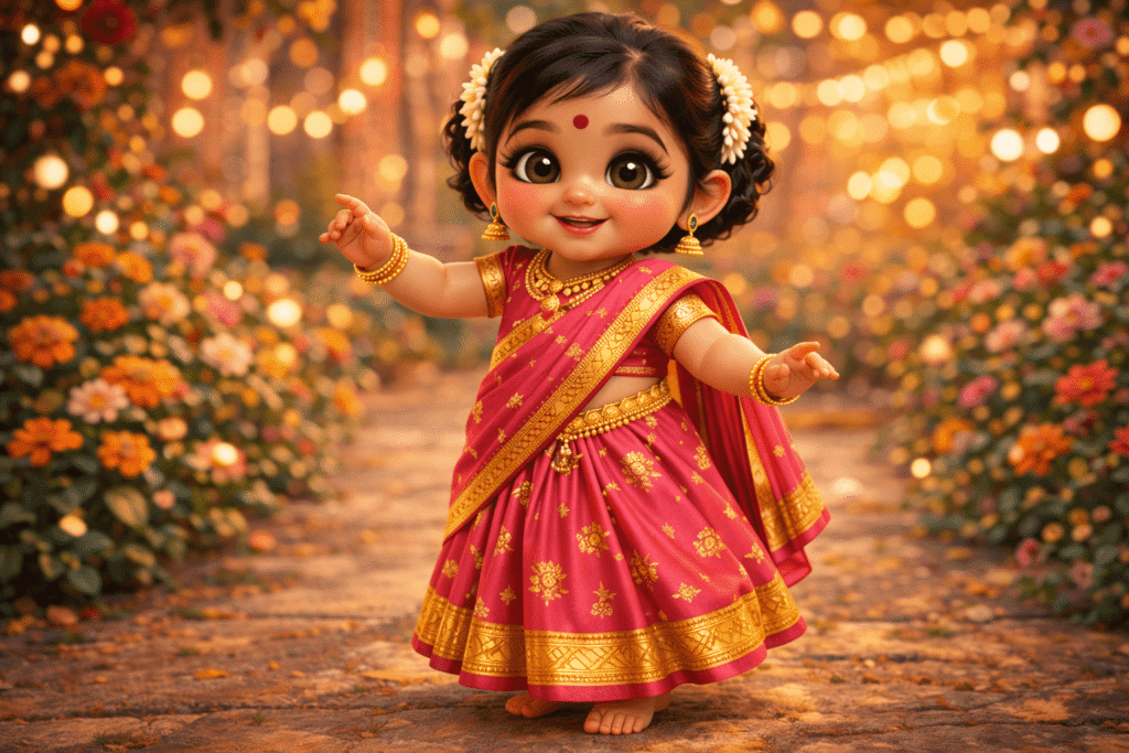 Pixar-style Indian baby girl in pink lehenga at a festive setting.