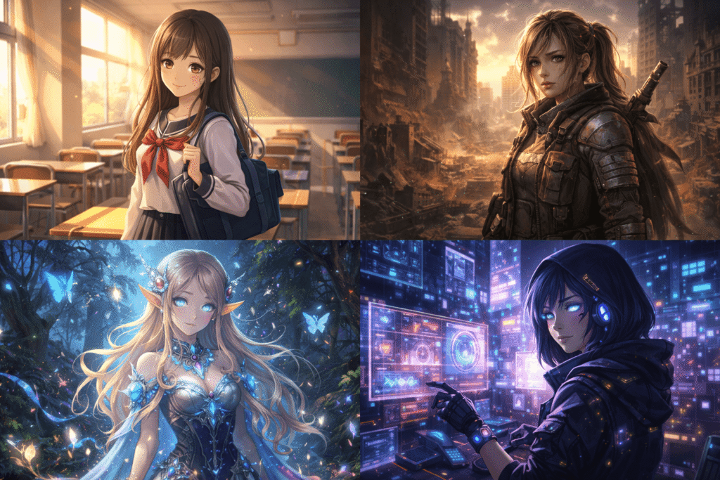 Anime school girl, post apocalyptic survivor, fantasy elf and cyberpunk hacker characters