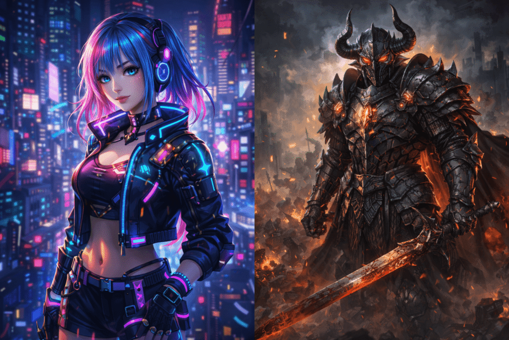 Cyberpunk anime girl and dark fantasy warrior AI character designs