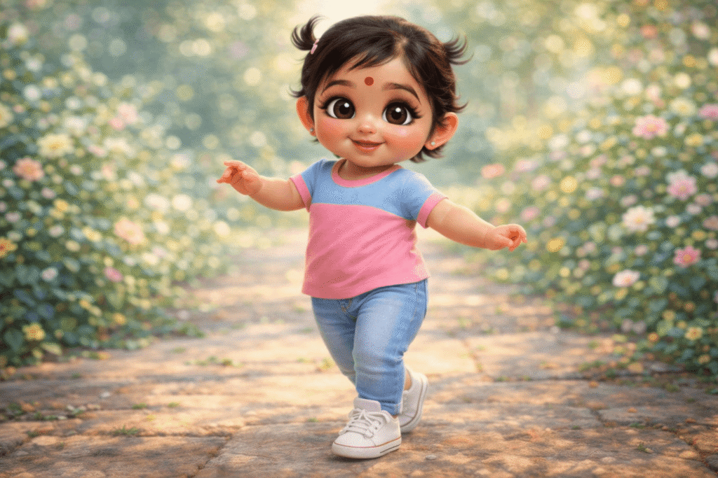 Pixar-style Indian baby girl in jeans and T-shirt walking playfully.