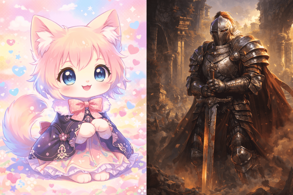 Cute anime cat and medieval knight AI character art