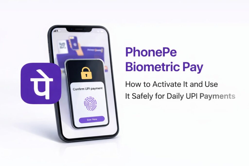 PhonePe Biometric Pay feature showing fingerprint authentication for secure UPI payments