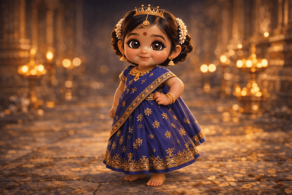 Pixar-style Indian baby girl in royal blue princess dress at night.