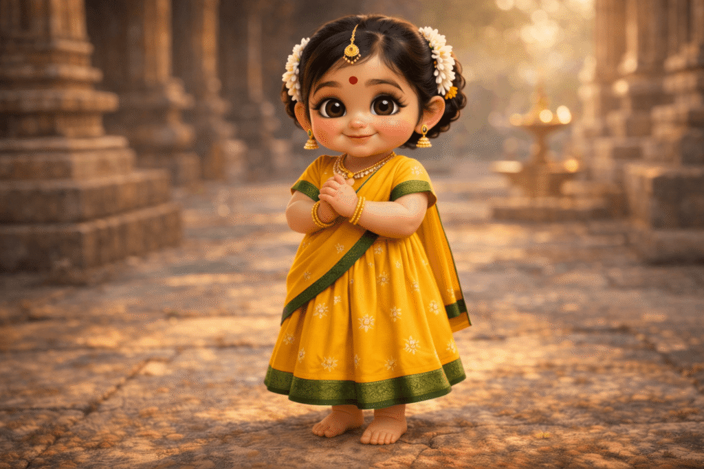 Pixar-style Indian baby girl in mustard traditional dress at temple.