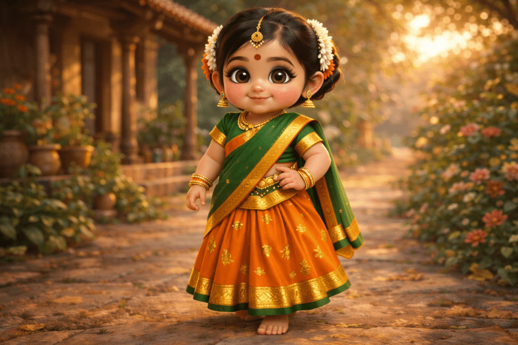 Pixar-style Indian baby girl in green orange half saree outdoors.
