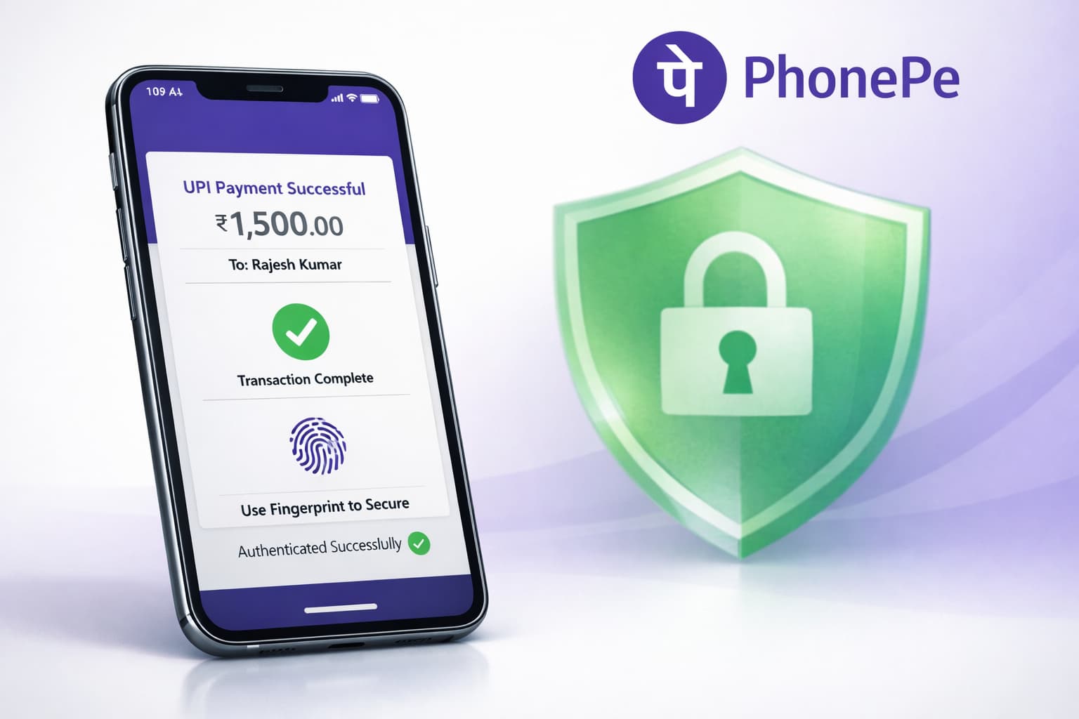 Is PhonePe safe concept image with PhonePe logo and secure fingerprint UPI payment screen