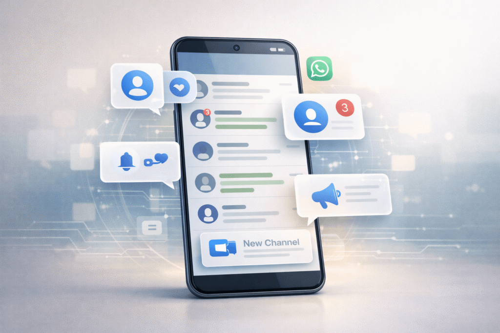 Illustration showing recent updates and new features in the WhatsApp messaging app