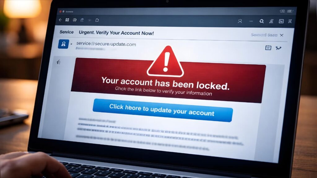 phishing email scam warning on computer screen