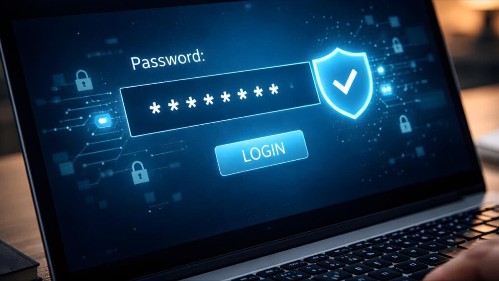 strong password security concept on laptop screen