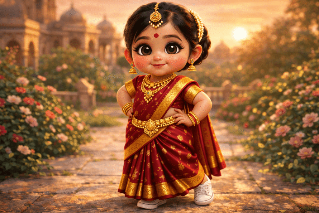 Pixar-style Indian baby girl in maroon gold saree in palace garden