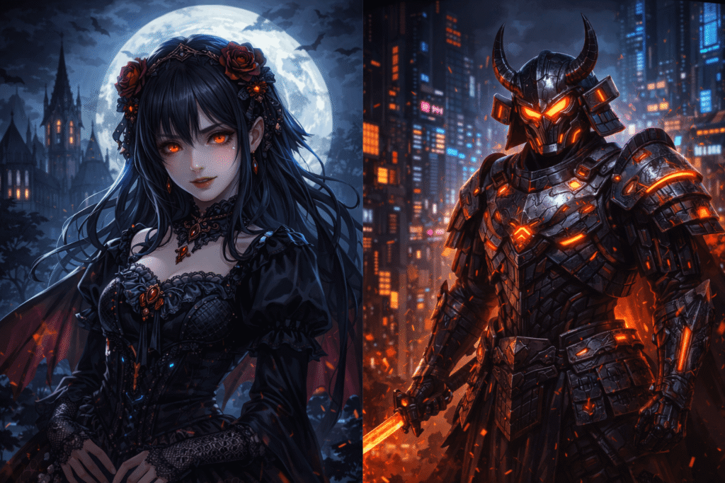 Anime vampire girl and futuristic robot samurai AI characters