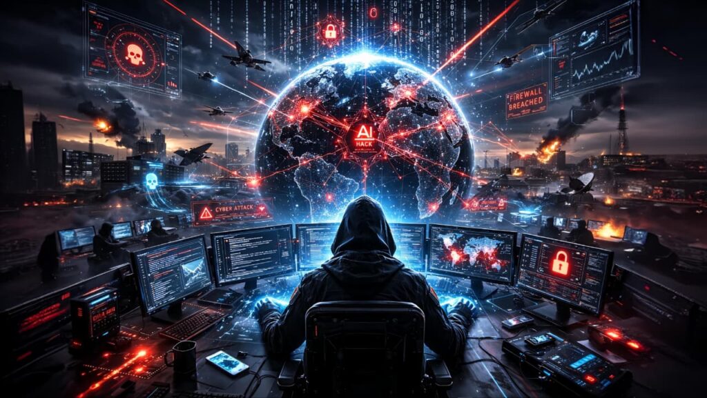AI cyber warfare digital hacking battlefield concept
