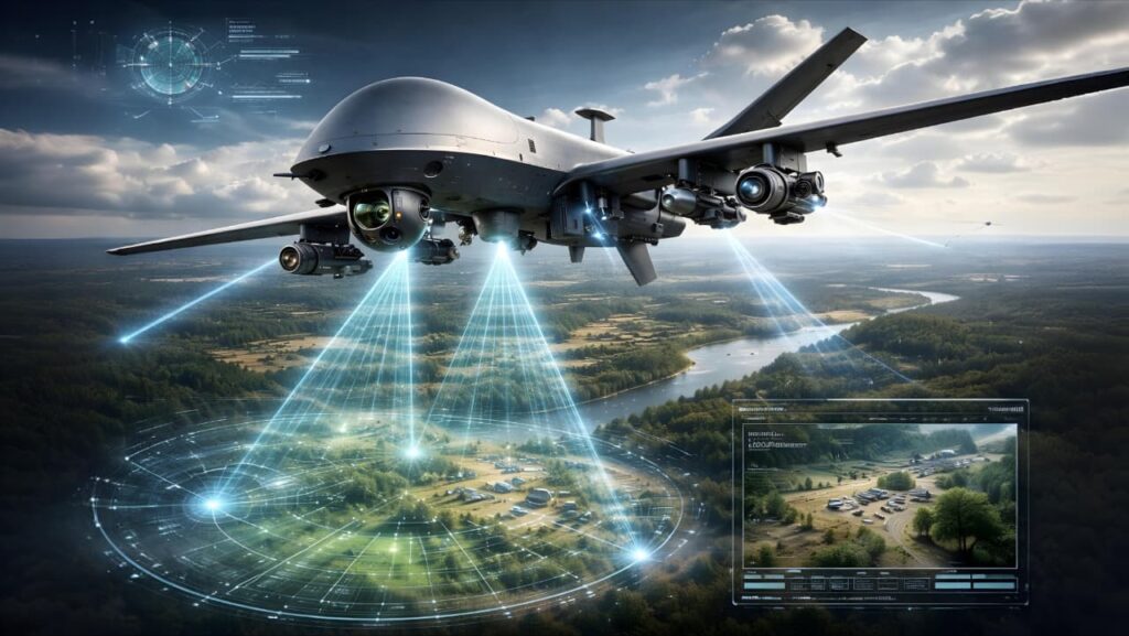 AI surveillance drone monitoring large landscape with advanced camera system