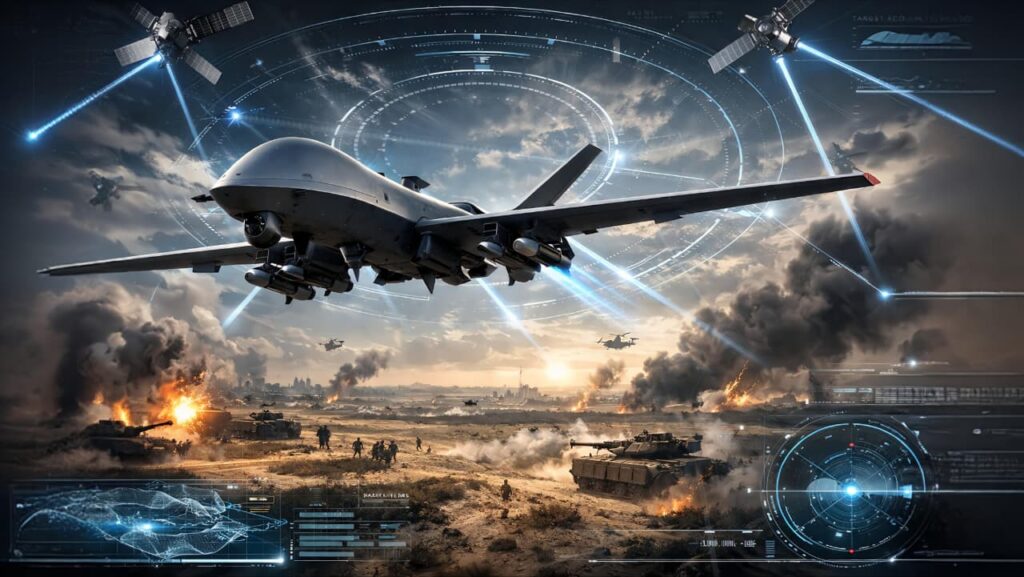 AI military drones flying over a battlefield with advanced technology interface