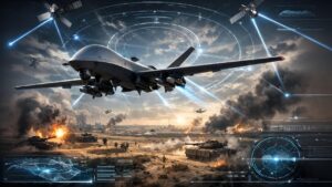 AI military drones flying over a battlefield with advanced technology interface