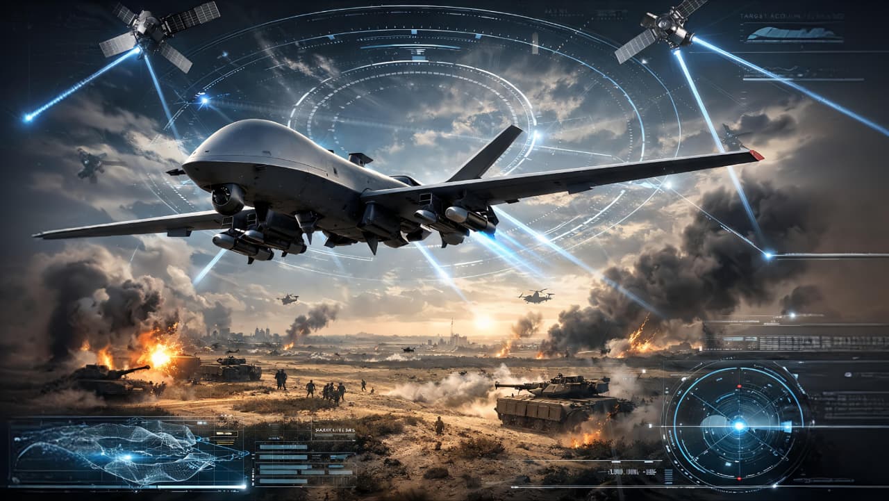 AI military drones flying over a battlefield with advanced technology interface