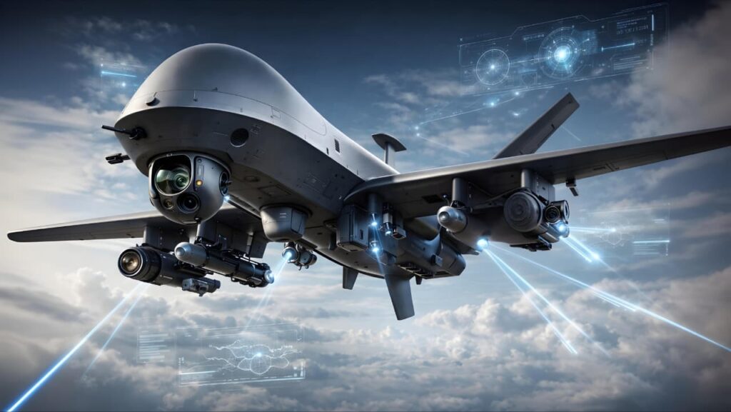 AI powered military drone with advanced sensors and surveillance camera technology