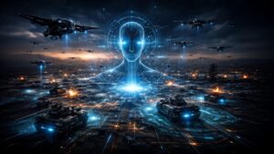 AI warfare technology concept with military drones and artificial intelligence battlefield system