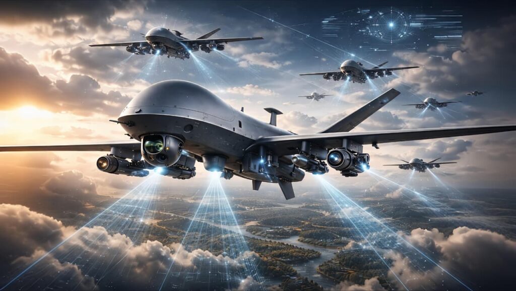 Future AI drone swarm technology in modern warfare concept