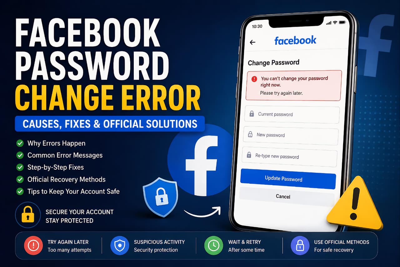 Facebook password change error showing “Try Again Later” and official solutions to fix Facebook password reset problems safely.