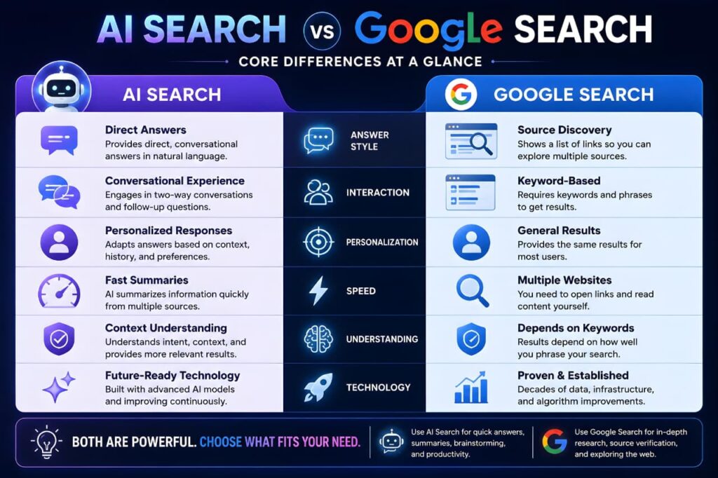 AI Search vs Google Search comparison table showing differences in answer style, personalization, speed, source discovery, and user experience