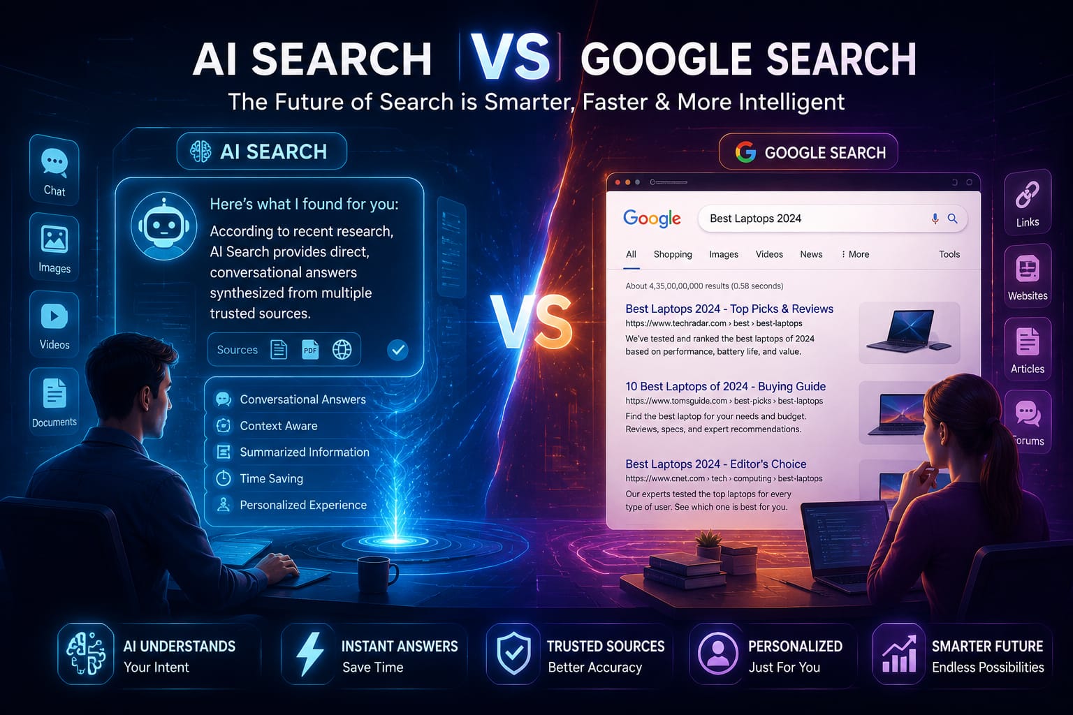 AI Search vs Google Search comparison showing the future of online information discovery and AI-powered search technology