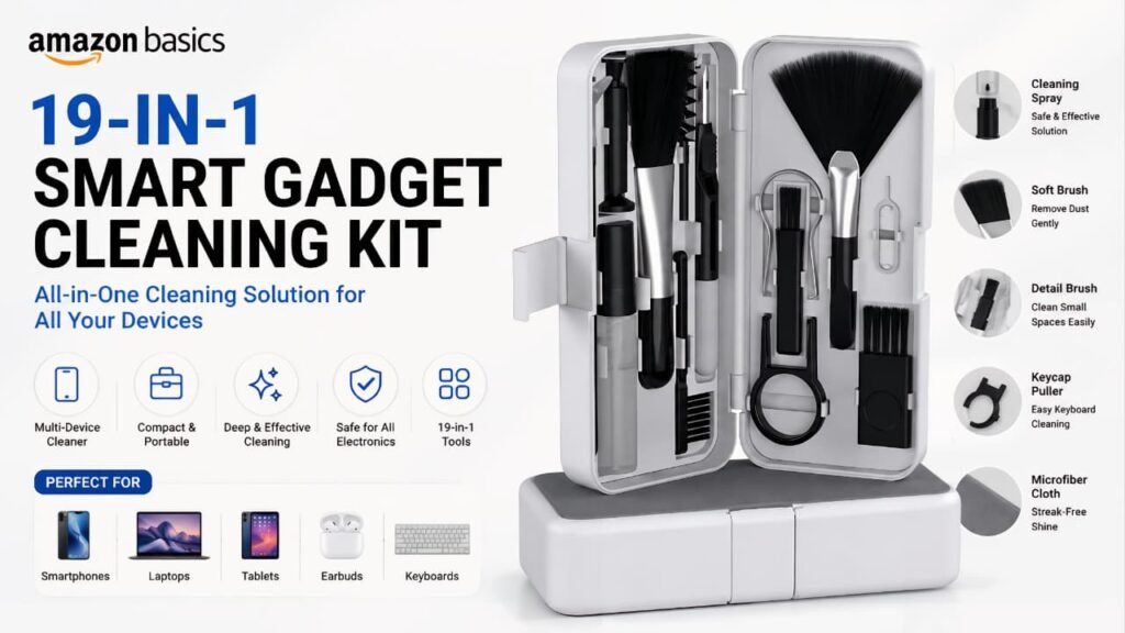 Amazon Basics 19-in-1 Smart Gadget Cleaning Kit for smartphones, laptops, tablets, earbuds, keyboards and electronic devices
