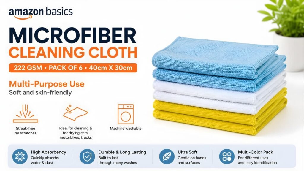 Amazon Basics Microfiber Cleaning Cloth 222 GSM Pack of 6 40x30cm for cleaning laptops, monitors, keyboards, phones, and home surfaces