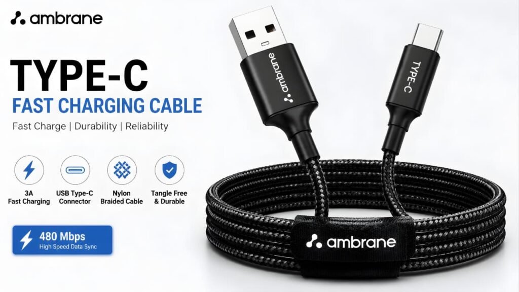 Ambrane Type-C Fast Charging Cable with braided nylon design for fast charging and data transfer under ₹500.