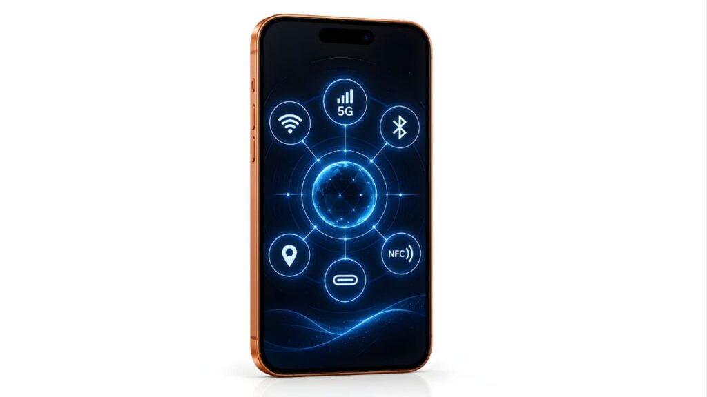 Apple iPhone 17 Pro Max Review showing 5G, Wi-Fi, Bluetooth, GPS, NFC, and USB-C connectivity features