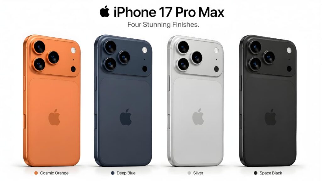 Apple iPhone 17 Pro Max Review color variants showing Cosmic Orange, Deep Blue, Silver and Space Black