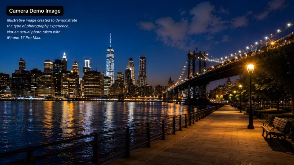 Apple iPhone 17 Pro Max Review night camera demo image showing low light photography illustration